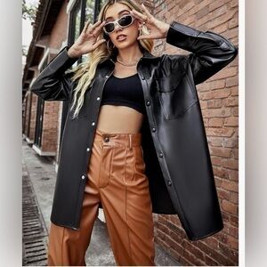 Bellivera Faux Leather Blazer Jacket Oversized Long Sleeve  Vegan Pleather coat